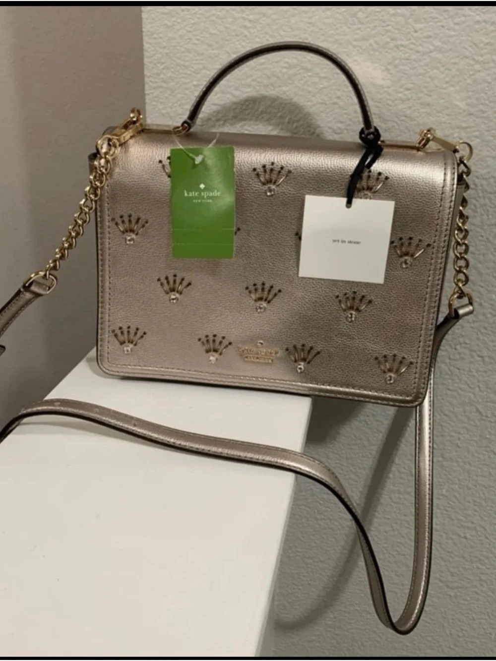 Kate Spade Metallic Champagne Maisie Patterson crossbody purse $359
